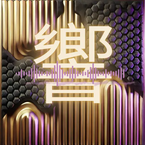 Voice-over soundwave artwork with modern gold and black acoustic panel background